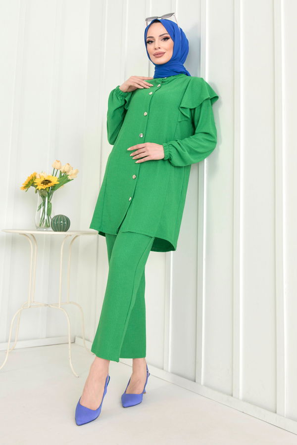 Düz Hakim Yaka Kadın Yeşil Tunik+Pantolon - 11529