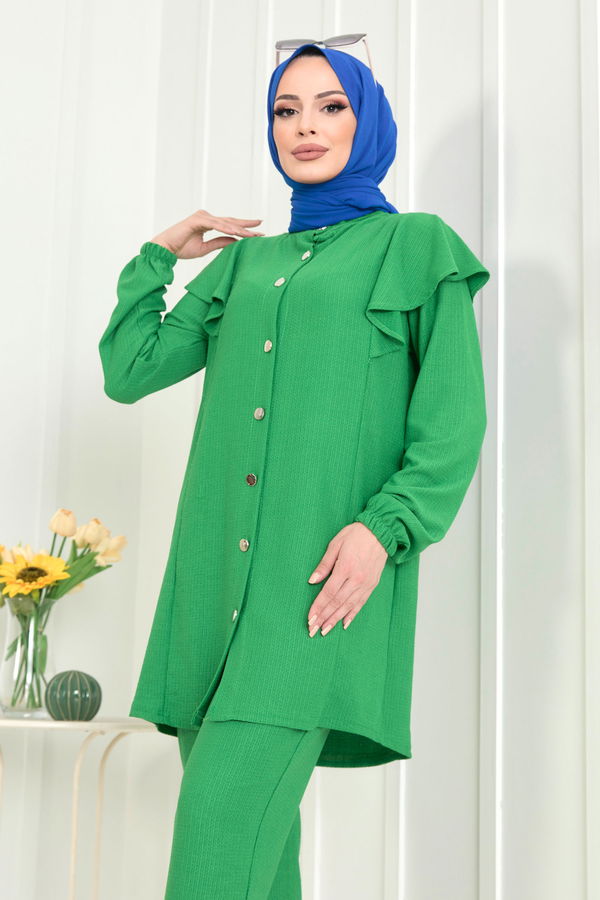 Düz Hakim Yaka Kadın Yeşil Tunik+Pantolon - 11529