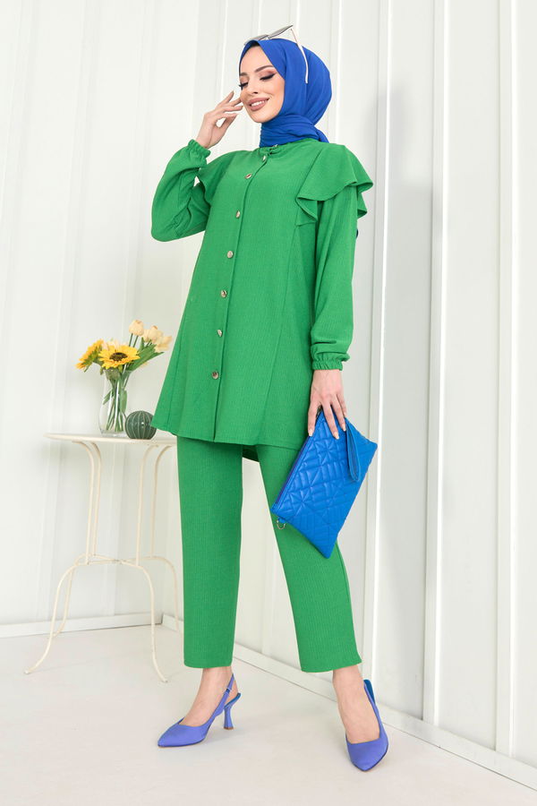 Düz Hakim Yaka Kadın Yeşil Tunik+Pantolon - 11529