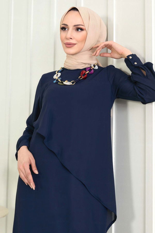 Düz Bisiklet Yaka Kadın Lacivert Tunik+Pantolon - 11619