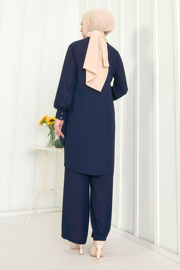 Düz Bisiklet Yaka Kadın Lacivert Tunik+Pantolon - 11619