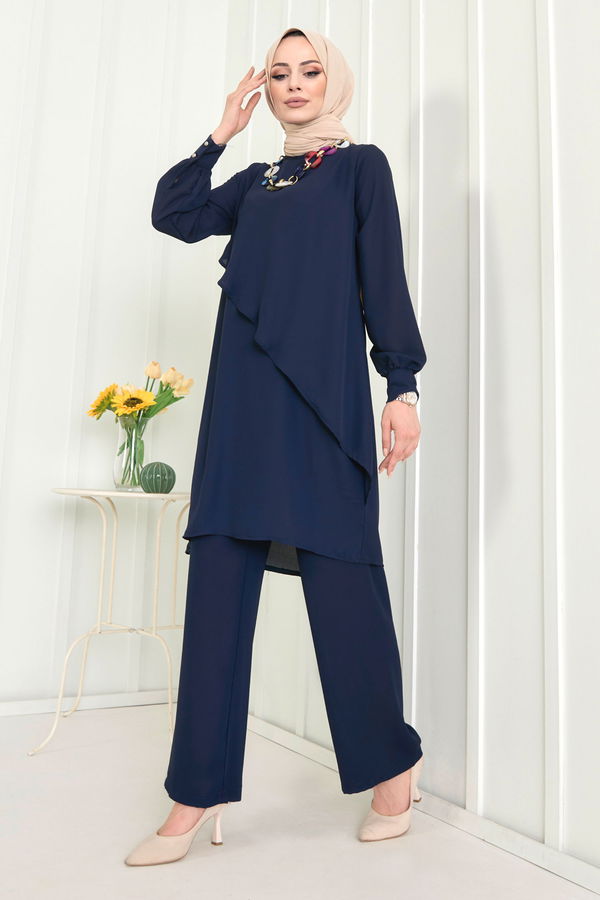 Düz Bisiklet Yaka Kadın Lacivert Tunik+Pantolon - 11619