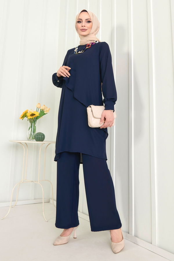 Düz Bisiklet Yaka Kadın Lacivert Tunik+Pantolon - 11619