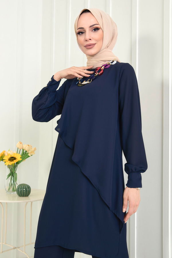 Düz Bisiklet Yaka Kadın Lacivert Tunik+Pantolon - 11619