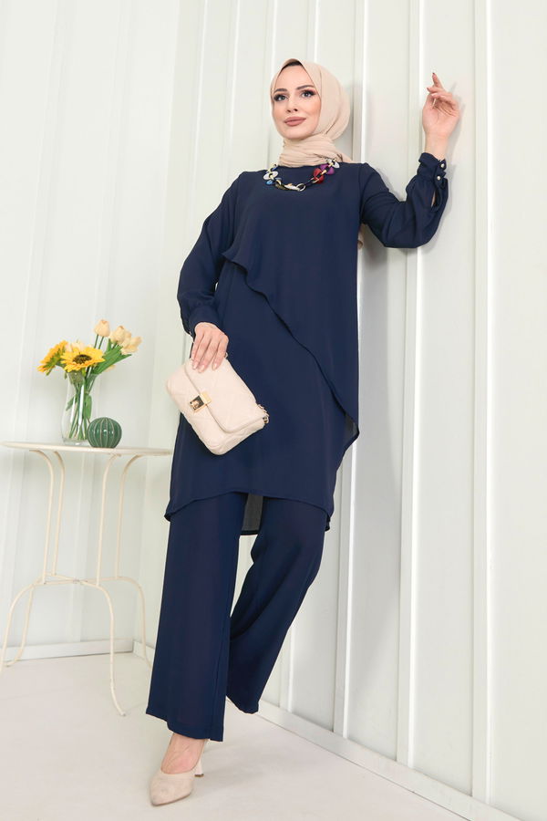 Düz Bisiklet Yaka Kadın Lacivert Tunik+Pantolon - 11619
