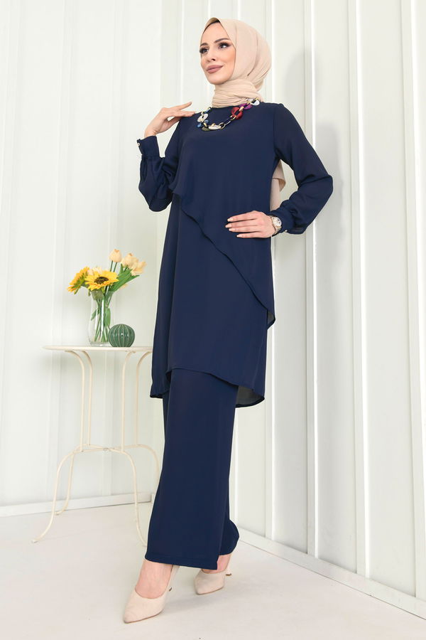 Düz Bisiklet Yaka Kadın Lacivert Tunik+Pantolon - 11619