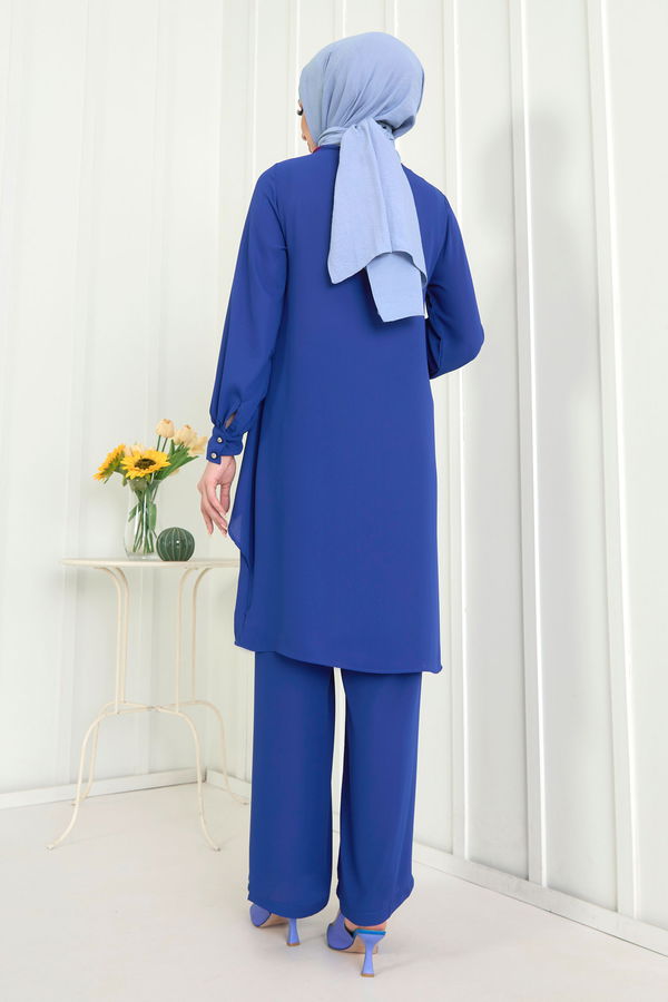 Düz Bisiklet Yaka Kadın Mavi Tunik+Pantolon - 11619