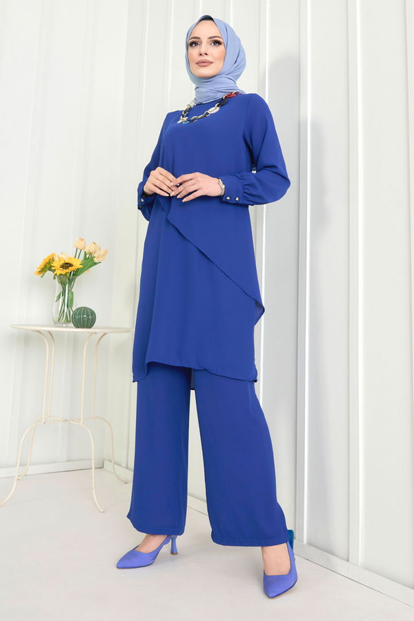 Düz Bisiklet Yaka Kadın Mavi Tunik+Pantolon - 11619