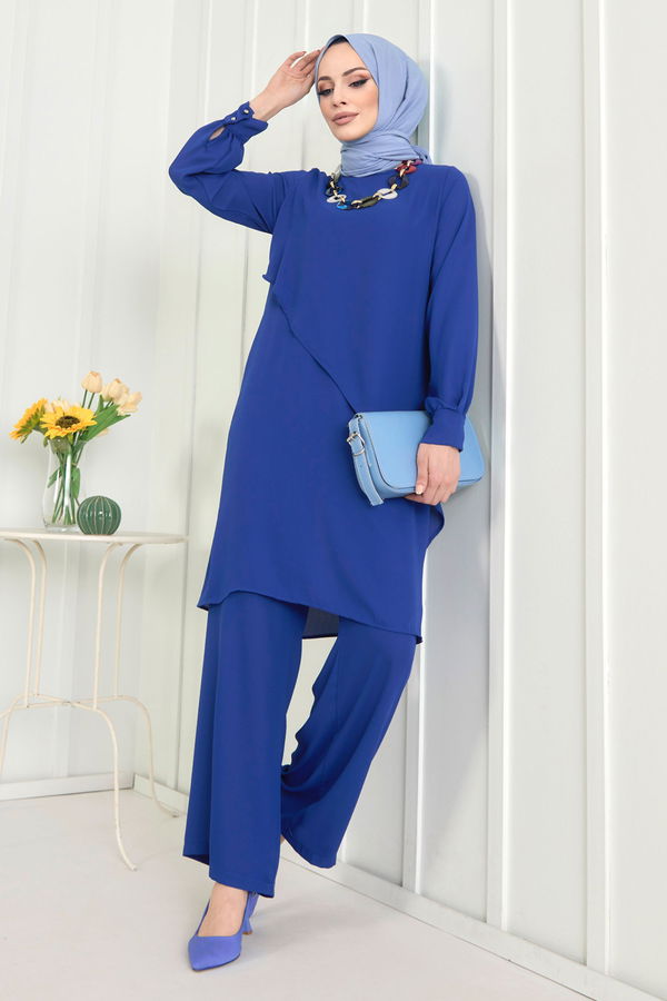 Düz Bisiklet Yaka Kadın Mavi Tunik+Pantolon - 11619