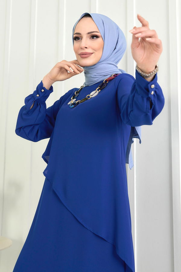 Düz Bisiklet Yaka Kadın Mavi Tunik+Pantolon - 11619
