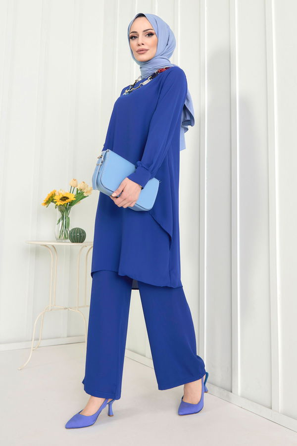 Düz Bisiklet Yaka Kadın Mavi Tunik+Pantolon - 11619