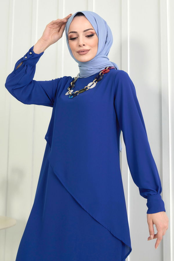 Düz Bisiklet Yaka Kadın Mavi Tunik+Pantolon - 11619