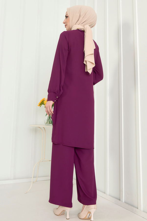 Düz Bisiklet Yaka Kadın Mor Tunik+Pantolon - 11619