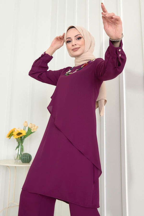 Düz Bisiklet Yaka Kadın Mor Tunik+Pantolon - 11619
