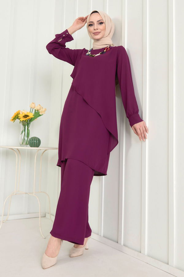Düz Bisiklet Yaka Kadın Mor Tunik+Pantolon - 11619