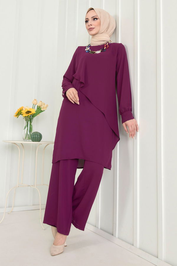 Düz Bisiklet Yaka Kadın Mor Tunik+Pantolon - 11619