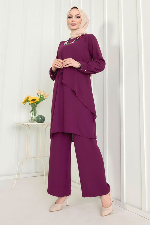 Düz Bisiklet Yaka Kadın Mor Tunik+Pantolon - 11619