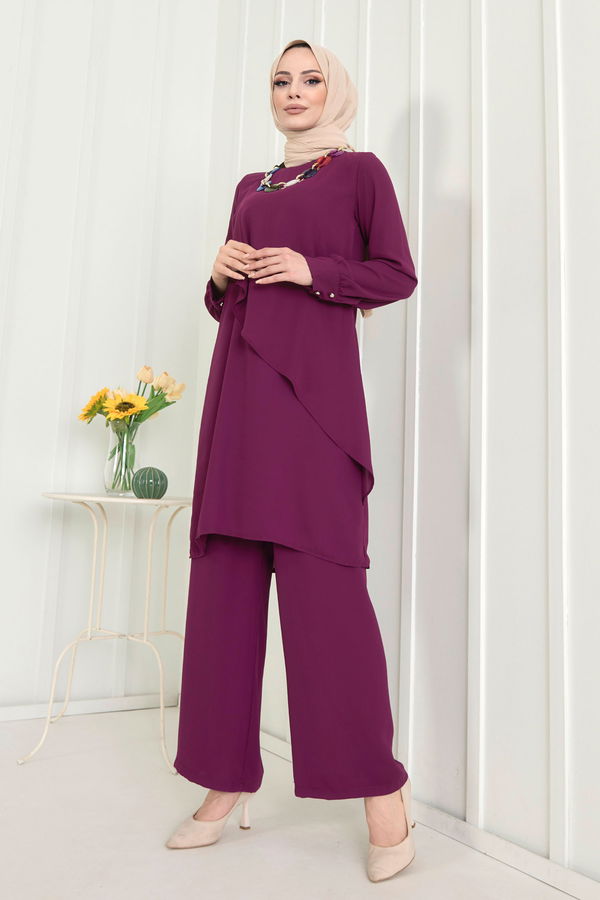 Düz Bisiklet Yaka Kadın Mor Tunik+Pantolon - 11619