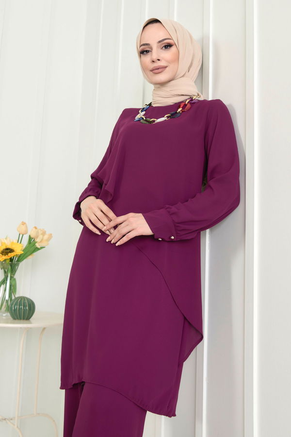 Düz Bisiklet Yaka Kadın Mor Tunik+Pantolon - 11619