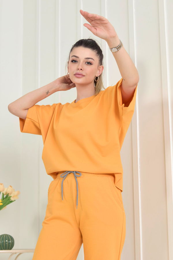 Düz Bisiklet Yaka Kadın Sarı Bluz+Pantolon - 22505