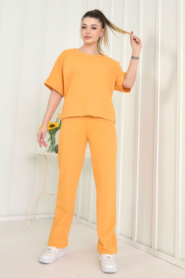 Düz Bisiklet Yaka Kadın Sarı Bluz+Pantolon - 22505