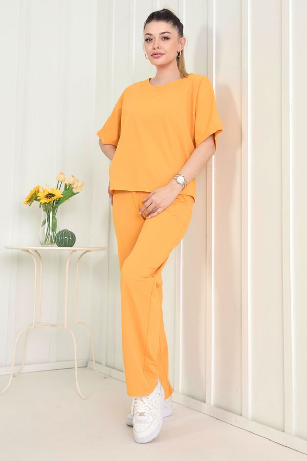 Düz Bisiklet Yaka Kadın Sarı Bluz+Pantolon - 22505