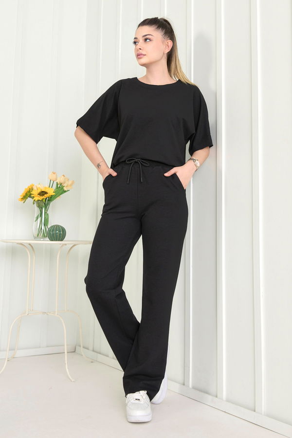 Düz Bisiklet Yaka Kadın Siyah Bluz+Pantolon - 22505
