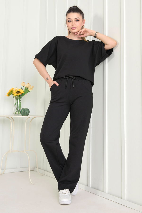 Düz Bisiklet Yaka Kadın Siyah Bluz+Pantolon - 22505