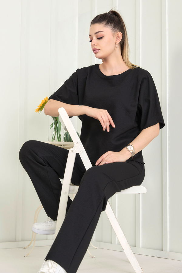 Düz Bisiklet Yaka Kadın Siyah Bluz+Pantolon - 22505