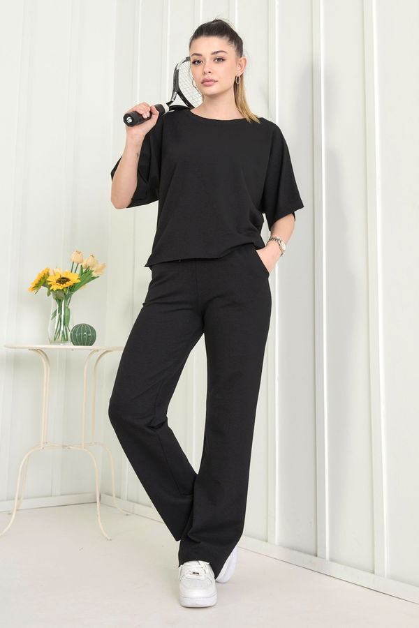Düz Bisiklet Yaka Kadın Siyah Bluz+Pantolon - 22505
