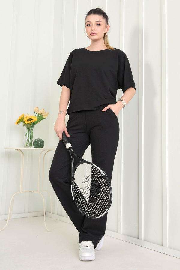 Düz Bisiklet Yaka Kadın Siyah Bluz+Pantolon - 22505