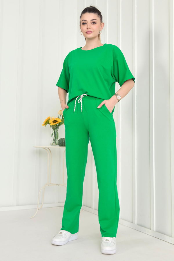 Düz Bisiklet Yaka Kadın Yeşil Bluz+Pantolon - 22505