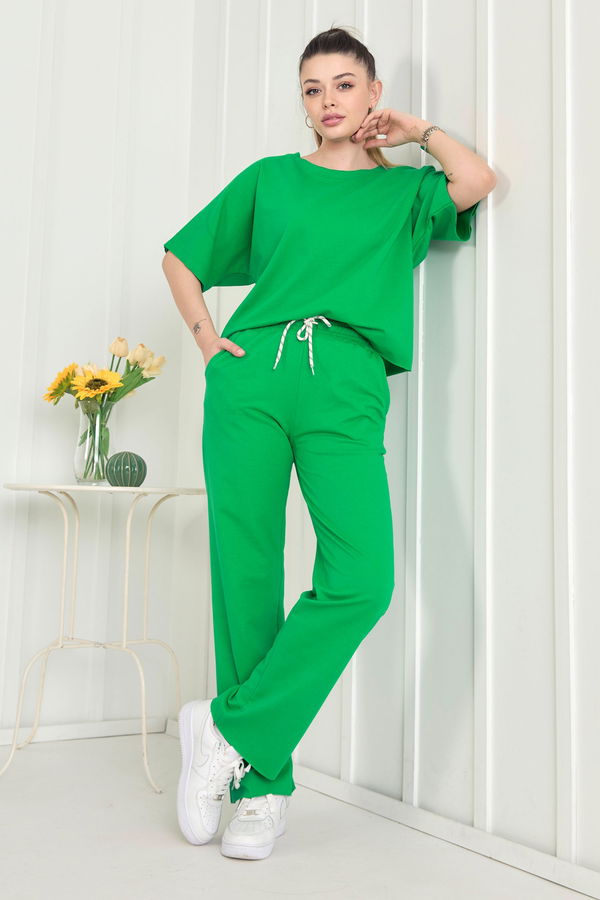Düz Bisiklet Yaka Kadın Yeşil Bluz+Pantolon - 22505