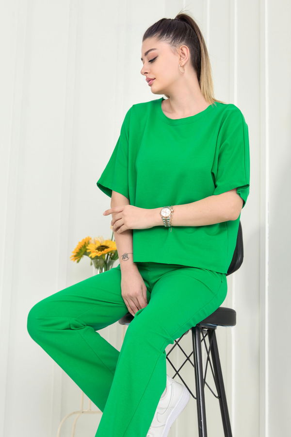 Düz Bisiklet Yaka Kadın Yeşil Bluz+Pantolon - 22505