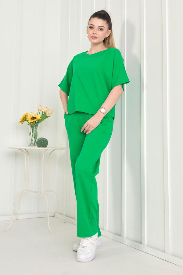 Düz Bisiklet Yaka Kadın Yeşil Bluz+Pantolon - 22505