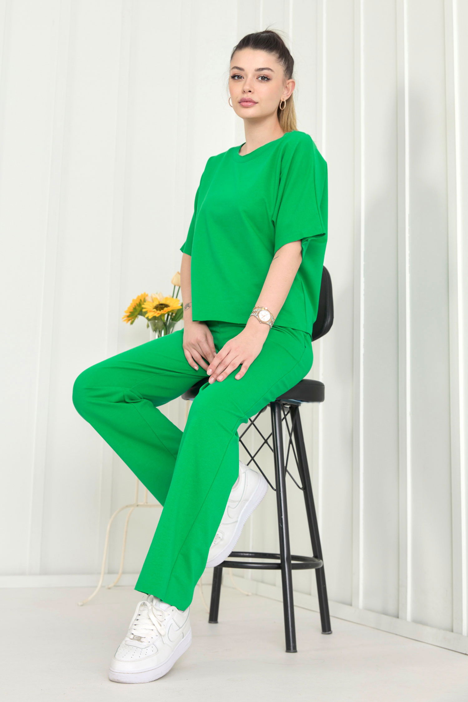 Düz Bisiklet Yaka Kadın Yeşil Bluz+Pantolon - 22505