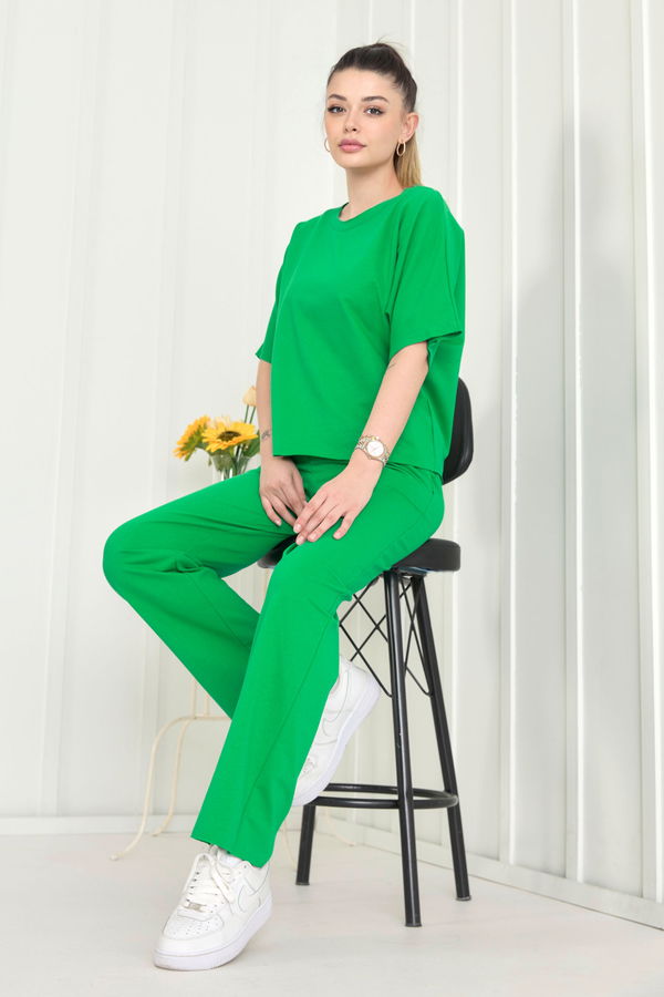 Düz Bisiklet Yaka Kadın Yeşil Bluz+Pantolon - 22505