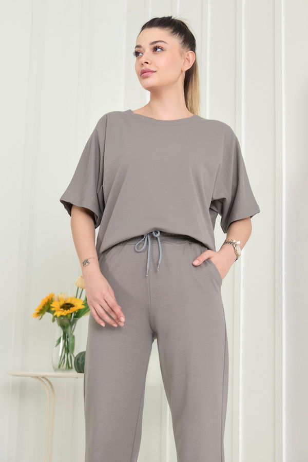 Düz Bisiklet Yaka Kadın Antrasit Bluz+Pantolon - 22505