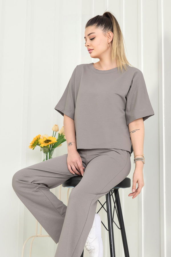 Düz Bisiklet Yaka Kadın Antrasit Bluz+Pantolon - 22505