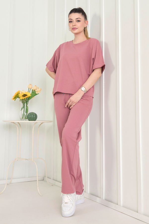 Düz Bisiklet Yaka Kadın Pembe Bluz+Pantolon - 22505