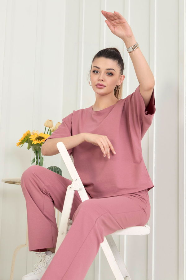 Düz Bisiklet Yaka Kadın Pembe Bluz+Pantolon - 22505