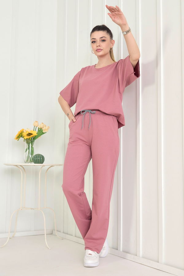 Düz Bisiklet Yaka Kadın Pembe Bluz+Pantolon - 22505