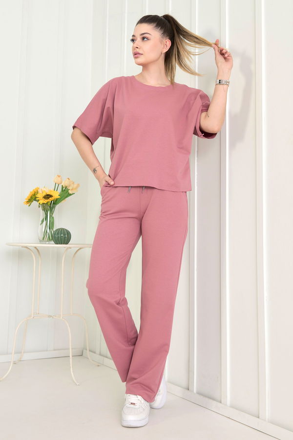 Düz Bisiklet Yaka Kadın Pembe Bluz+Pantolon - 22505