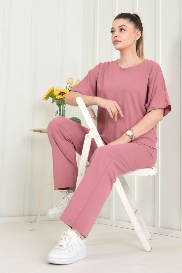 Düz Bisiklet Yaka Kadın Pembe Bluz+Pantolon - 22505
