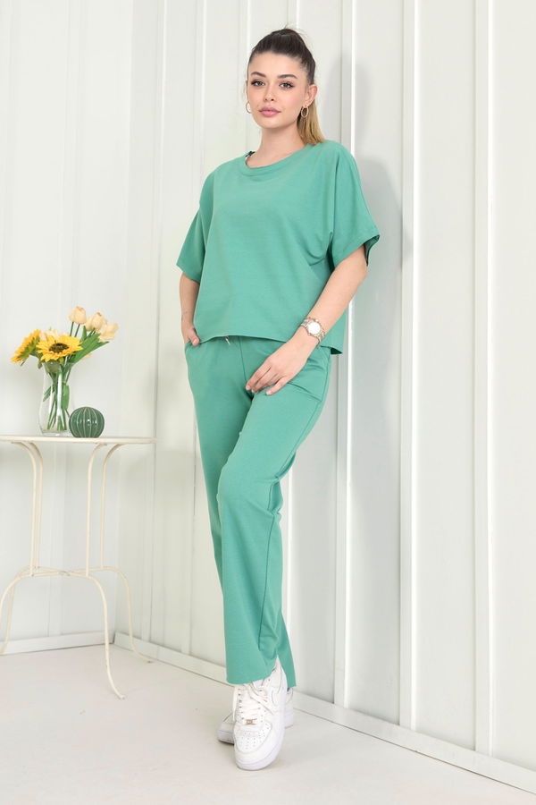 Düz Bisiklet Yaka Kadın Yeşil Bluz+Pantolon - 22505