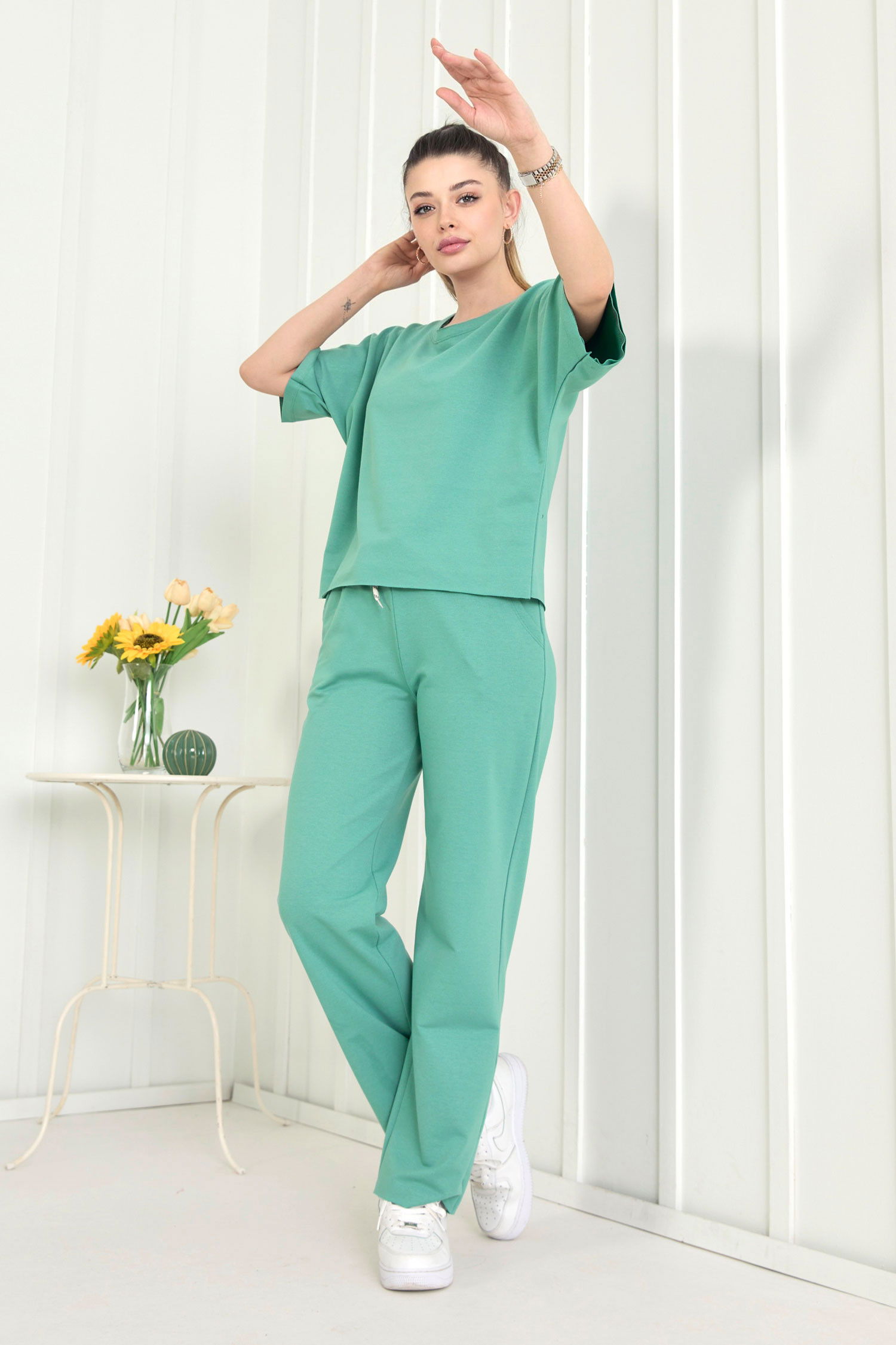 Düz Bisiklet Yaka Kadın Yeşil Bluz+Pantolon - 22505