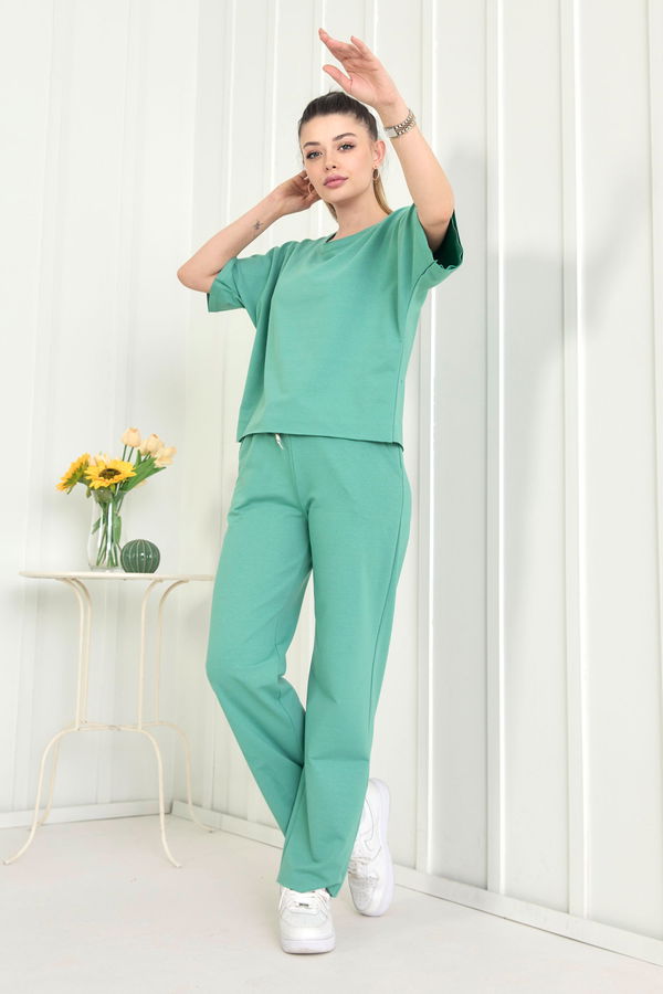 Düz Bisiklet Yaka Kadın Yeşil Bluz+Pantolon - 22505