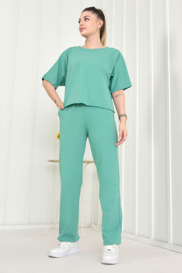 Düz Bisiklet Yaka Kadın Yeşil Bluz+Pantolon - 22505