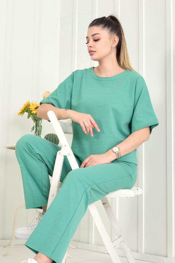 Düz Bisiklet Yaka Kadın Yeşil Bluz+Pantolon - 22505
