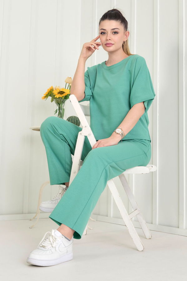 Düz Bisiklet Yaka Kadın Yeşil Bluz+Pantolon - 22505